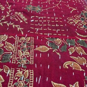 VTG  New Kantha Quilt Throw Blanket Red Teal Floral Paisley Hand Stitched 92x52